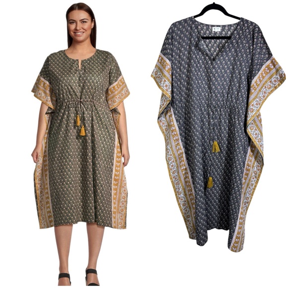 Cost Plus World Market Dresses & Skirts - World Market Palomar Blue And Mustard Block Print Floral Kaftan Dress One Size
